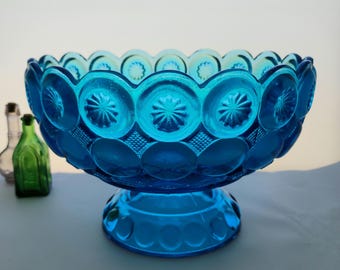Vintage Moon and Star 8" Pedestal Bowl - Aqua Blue
