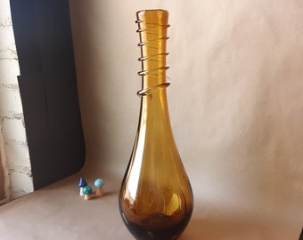 Huge 16" Blown Art Glass Bottle Bubbles Applied Swirl Amber Murano