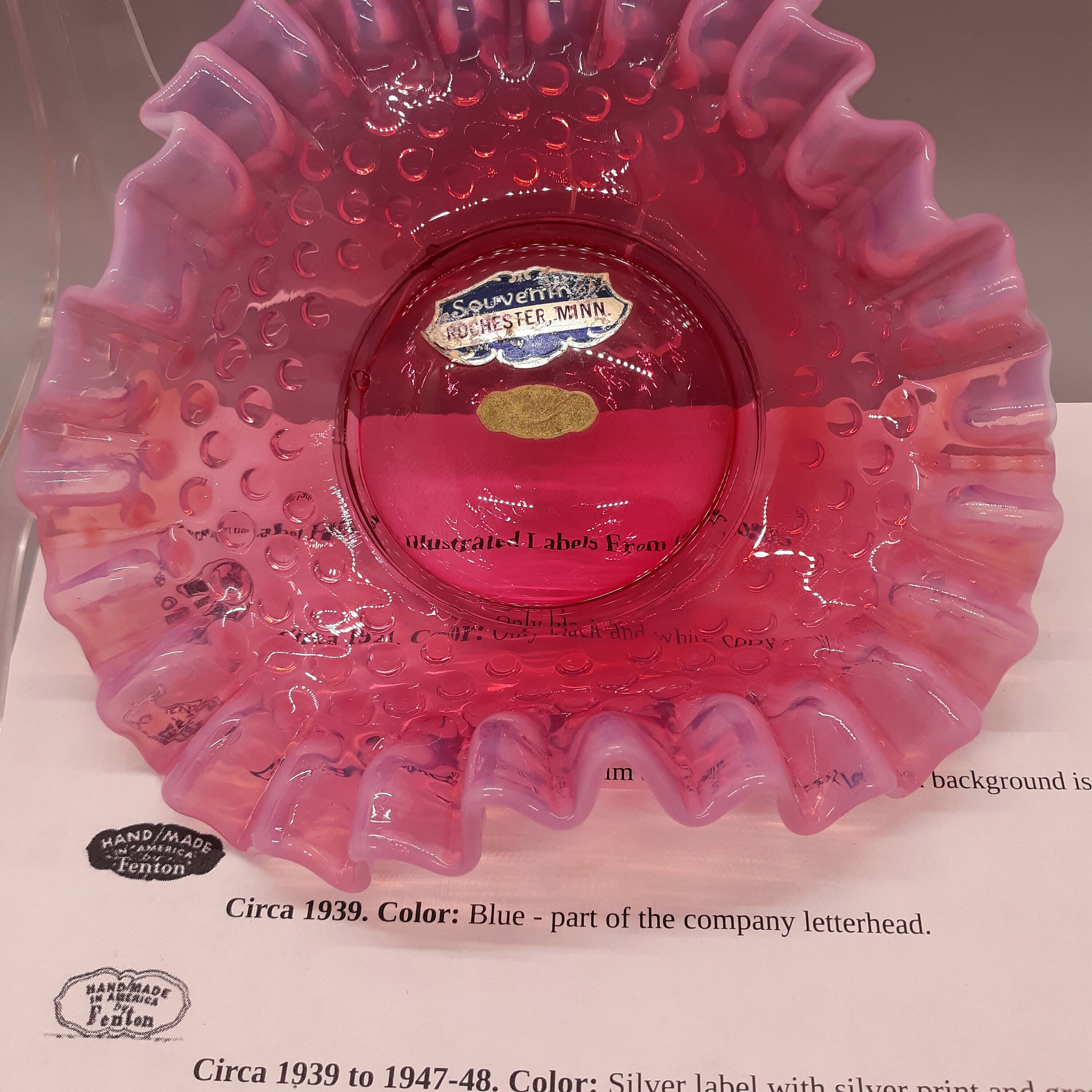 Vintage 1939 Label Fenton Cranberry Hobnail Opalescent Bonbon