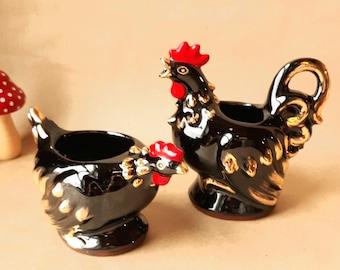 Vintage Shafford Rooster and Hen Cream & Sugar Set – 1950s Redware