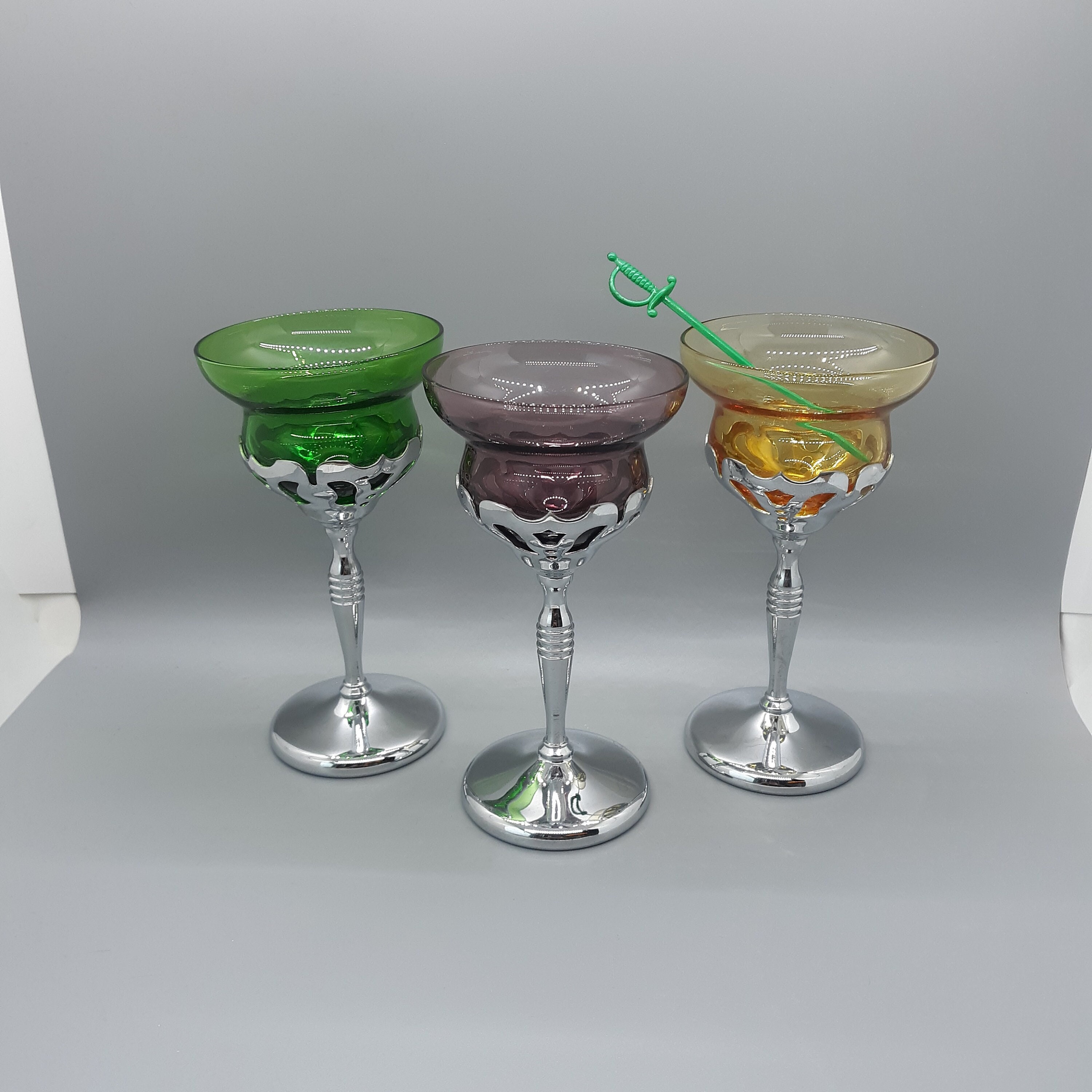 Art Deco Vintage Chrome Stemmed cocktail Glasses- lollygag