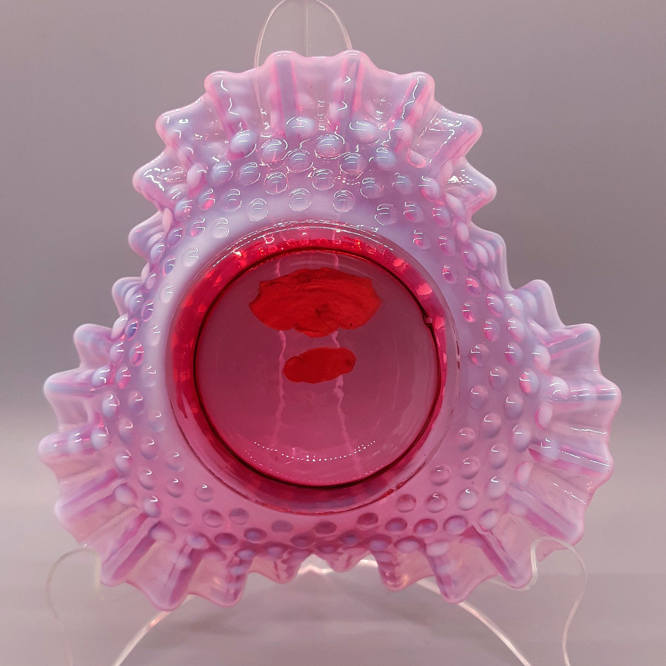 Vintage 1939 Label Fenton Cranberry Hobnail Opalescent Bonbon