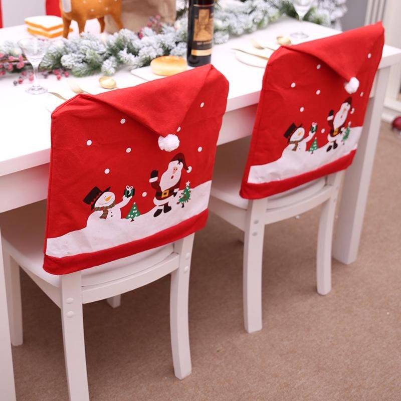 Wishwin Reindeer Embroidered Non-Woven Chair Back Covers Dining Chair Slipcovers for Xmas Holiday Festive Decor 