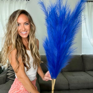 Blue Tall Pampas Grass-FREE Priority Shipping! Large Floral Arrangement-3pk Faux Pampas-No Shed -44 Inches -Home Decor-Wedding -Party Decor