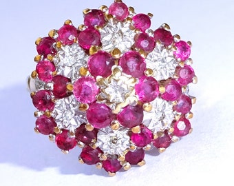 Large Vintage 9ct Gold Ruby & Diamond Flower Cluster Ring, Size L