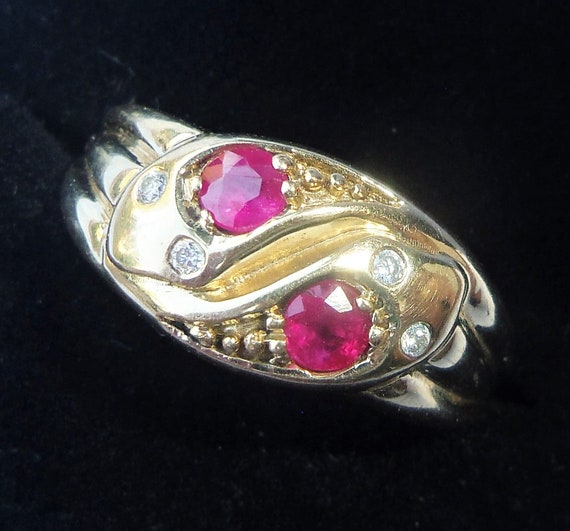 9ct Gold Ruby & Diamond Double Snake Ring, Size S - image 1