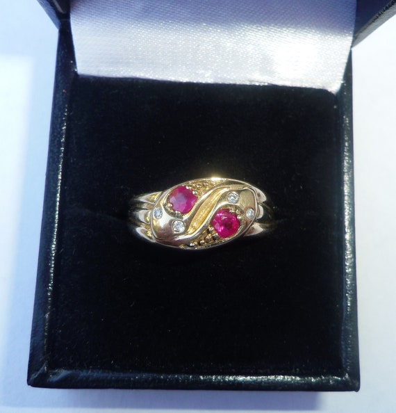 9ct Gold Ruby & Diamond Double Snake Ring, Size S - image 4