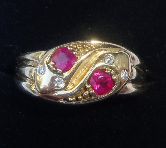 9ct Gold Ruby & Diamond Double Snake Ring, Size S - image 2
