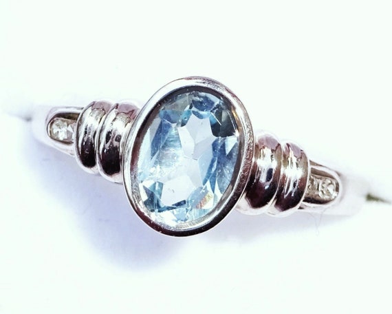 9ct White Gold Aquamarine Diamond Solitaire Ring Size Q Etsy