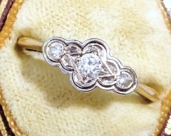 Antique Art Deco 18ct Gold, Platinum & 0.25ct Diamond Three Stone Ring, Size Q