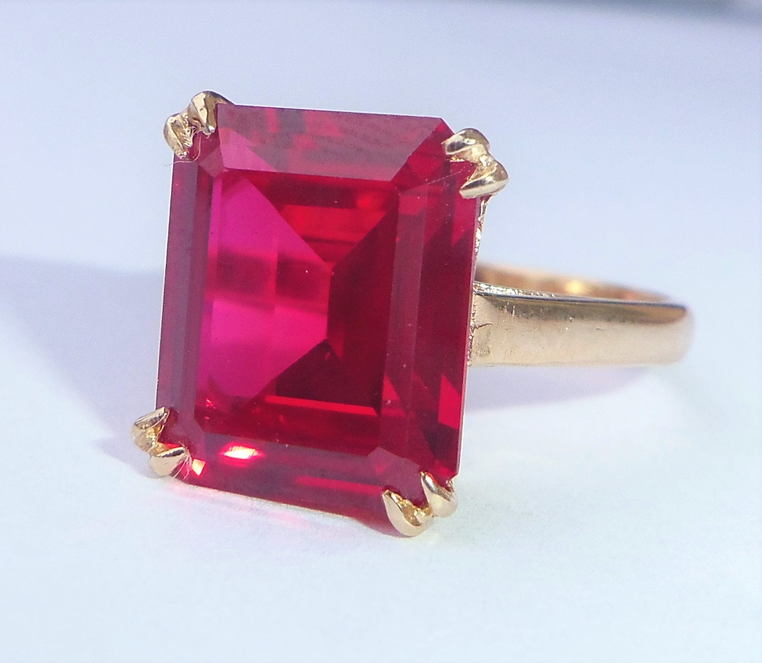 Vintage 9ct Gold Large Emerald Cut Ruby Solitaire Ring Size | Etsy