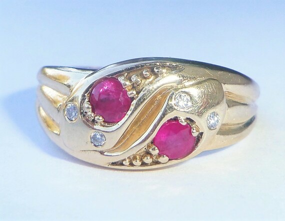 9ct Gold Ruby & Diamond Double Snake Ring, Size S - image 3