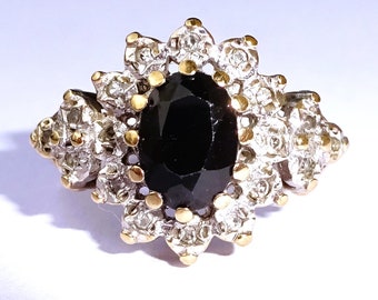 Vintage 9ct Gold Sapphire & Diamond Halo Cluster Ring, Size J