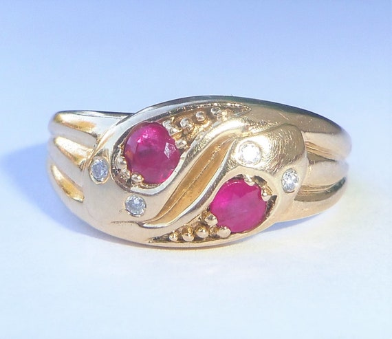 9ct Gold Ruby & Diamond Double Snake Ring, Size S - image 10