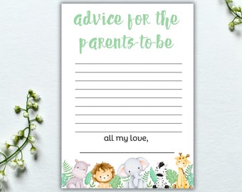 May include: A white card with green text that reads "advice for the parents-to-be".  The card has lines for writing and a space for a signature.  The bottom of the card has a border of green leaves and cartoon animals, including a hippopotamus, lion, elephant, zebra, and giraffe.