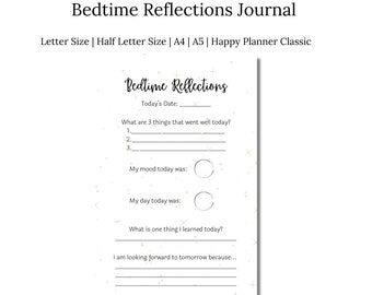 Könnte beinhalten: Eine druckbare Journalseite mit dem Titel "Bedtime Reflections". Sie enthält Fragen zur täglichen Reflexion, wie z.B. das Auflisten positiver Dinge und die Notierung der Stimmung. Erhältlich in verschiedenen Größen, einschließlich A4 und A5.