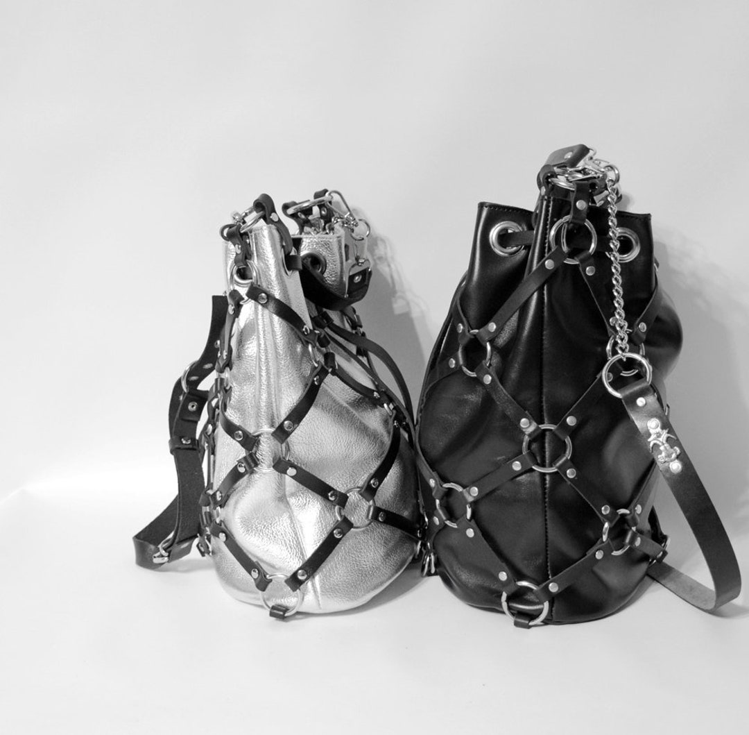 Shiny Wetlook Leather Bag / Women's Bucket Handbag / Silver Leather / Black Leather / Crossbody