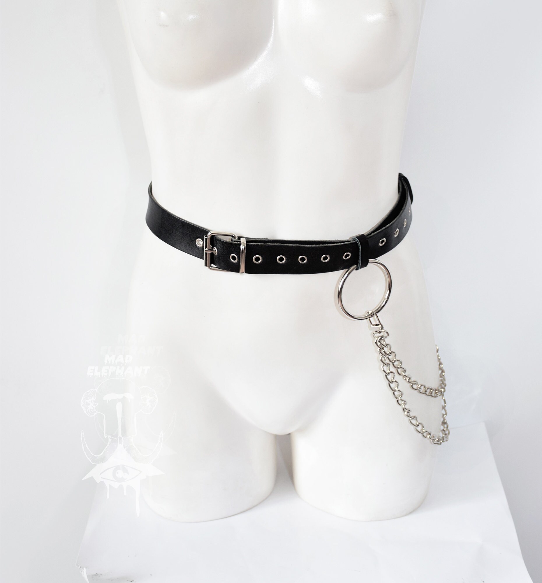Genuine leather harness belt with chains black waist belt Etsy