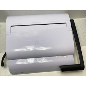 May include: A white Fellowes binding machine with a black handle and accents. The machine has a rectangular shape with the Fellowes logo printed on the front.