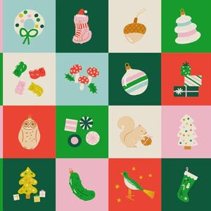 Puede incluir: Una cuadrícula de etiquetas de regalo cuadradas con coloridas ilustraciones navideñas que incluyen árboles de Navidad, adornos, calcetines, dulces, animales y textos festivos como Ho Ho Ho, Peace y Merry Happy, con espacios To y From en algunas etiquetas.