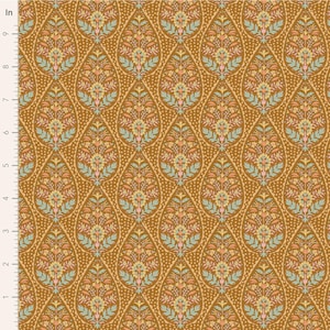 Peut inclure: Un tissu brun avec un motif répété de motifs floraux en forme de goutte. Les gouttes sont soulignées d'un brun plus foncé et remplies de différentes couleurs, notamment le rose, le jaune et le bleu. Le fond est d'un brun uni avec un motif à pois subtil.