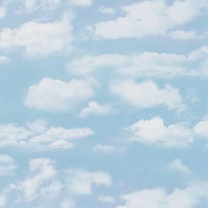 May include: A repeating pattern featuring fluffy white cumulus clouds scattered across a light sky blue background. The clouds vary in size and shape, creating a soft, airy, and continuous visual texture across the entire surface of the image.