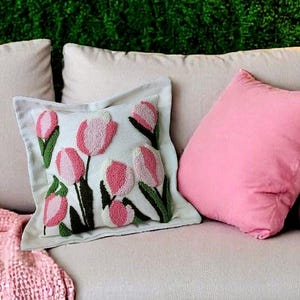 Made To Order Punch Needle Floral Throw Pillow Cover, Handmade Custom Tulip Cushion Cover, Embroidered Cushion Case, Hand Tufted Pillow Case