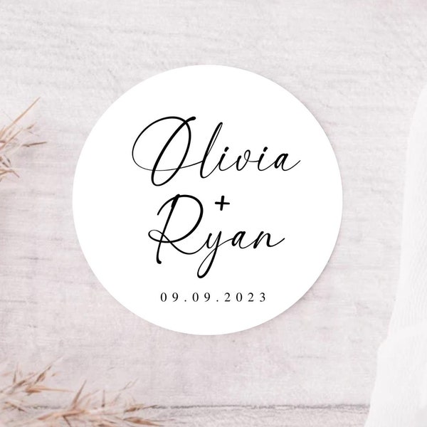 Etiquetas elegantes personalizadas con los nombres de los novios, pegatinas para regalos de boda, etiquetas de agradecimiento, redondas