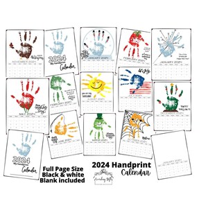 Peut inclure: Un calendrier 2024 avec empreintes de mains, avec une page vierge pour chaque mois. Le calendrier est en noir et blanc et comprend un calendrier vierge pleine page. Le calendrier présente un motif d'empreintes de mains pour chaque mois avec une couleur et un design différents.