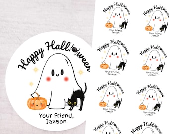 May include: A sheet of round stickers featuring a white ghost, an orange pumpkin, and a black cat. The text reads Happy Halloween and Your Friend, Jaxson. The design includes small yellow stars and a spider hanging from the text.