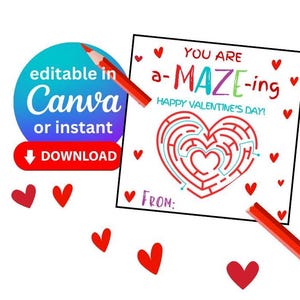デジタルダウンロード: 「You Are A-Maze-Ing」ハート迷路付きバレンタインカードテンプレート Canva リンクで名前を追加