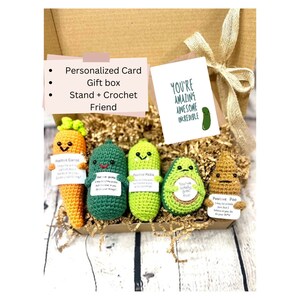 Handmade Crochet Friends Positive Pickles, Emotional Support Pickle, Guac Avocado, Positive Carrot, and Positive Poo Gift Boxed card stand