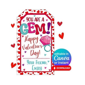 May include: A printable Valentine's Day card with a red heart border. The card says "You are a GEM! Happy Valentine's Day! Your Friend, Emily" and features a cartoon gem ring.