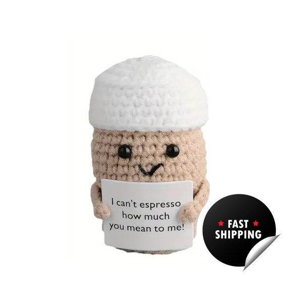 Hand-Crocheted Espresso Bean with "I Can't Espresso How Much You Mean to Me" Sign Ships Fast & Daily!