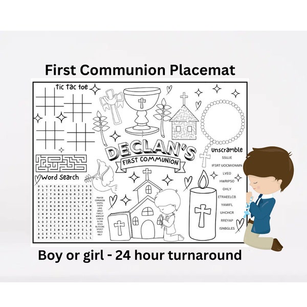 Personalized First Communion Coloring Placemat PDF - Interactive Fun with Games & Clipart