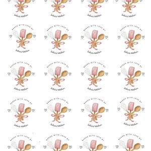 May include: Sheet of stickers with a watercolor design. Each sticker features a whisk, spatula, and wooden spoon tied with a ribbon, surrounded by hearts. The text reads "Baked with love by Julia's Kitchen."