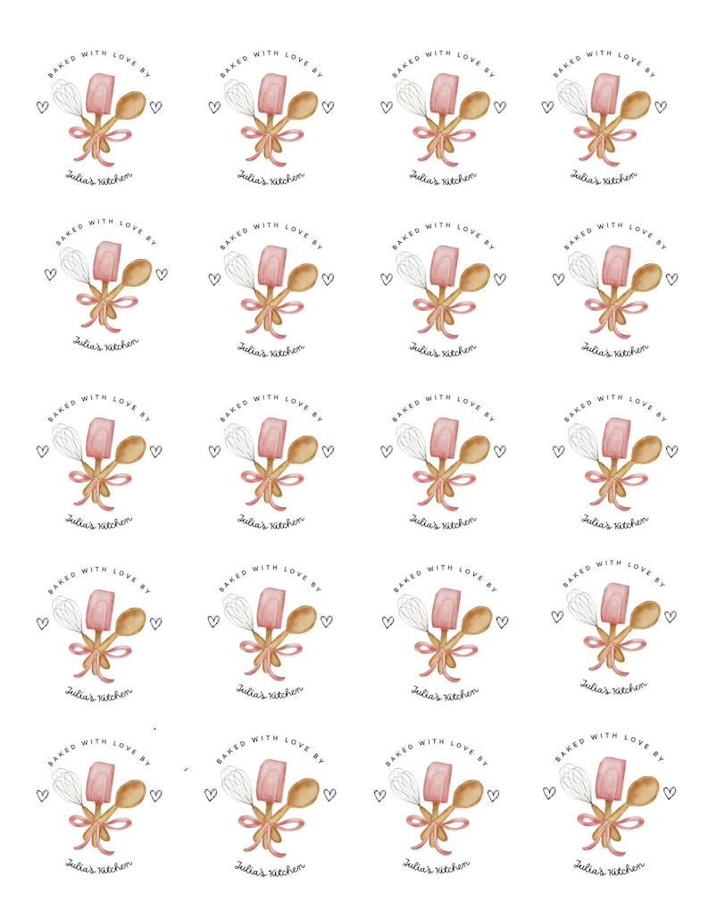 May include: Sheet of stickers with a watercolor design. Each sticker features a whisk, spatula, and wooden spoon tied with a ribbon, surrounded by hearts. The text reads "Baked with love by Julia's Kitchen."