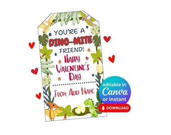 Etiquetas de regalo para el día de San Valentín con el texto "Eres un amigo Dino-Mite" para imprimir. Enlace incluido para editar el nombre