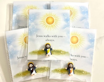 Jesus Walks With You Always Card | Mini Jesus Figure Encouragement Gift | Faith Handout | Christian Favor | Religious Gift for Kids & Adults