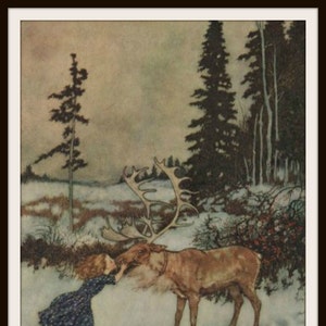 Gerta and the Reindeer Printed vintage Art Reproduction par Edmund Dulac Illustration de The Snow Queen Wall Decor Unframed 8 x 10 »