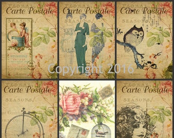 Printed Vintage French Post Card Collage Sheet # 104, 8.5 x 11 Printed Sheet,  Scrapbooking, Decoupage, Altered Art, Labels