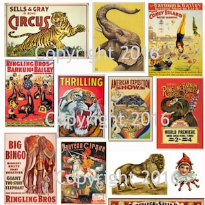 May include: A collage of vintage circus posters featuring tigers, elephants, clowns, and other circus performers. The posters are in various colors and styles, with text that includes the names of the circuses, the performers, and the dates of the shows. The posters are arranged in a grid pattern, with a white background.