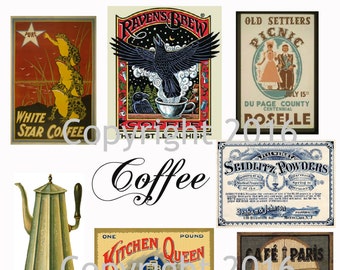 Printed Vintage Ephemera Coffee Labels Images Collage Sheet #1   8.5 x 11 for Decoupage, Altered Art, Scrapbooking etc.