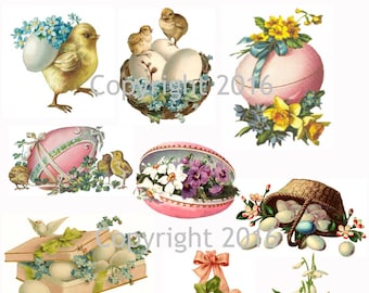 Printed Vintage Victorian Easter Chicks and Eggs Collage Sheet # 102, 8.5 x 11 Printed Sheet