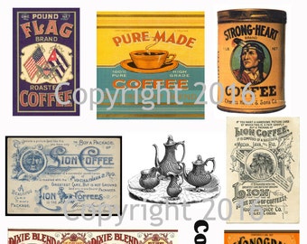 Printed Vintage Ephemera Coffee Labels Images Collage Sheet #2   8.5 x 11 for Decoupage, Altered Art, Scrapbooking etc.