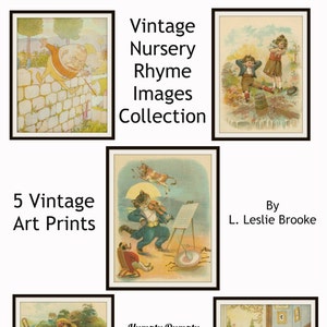 Vintage Nursery Rhyme Wall Art Collection #1    5 Vintage Prints by L. Leslie Brooke   Unframed 8 x 10" OR 5 x 7"