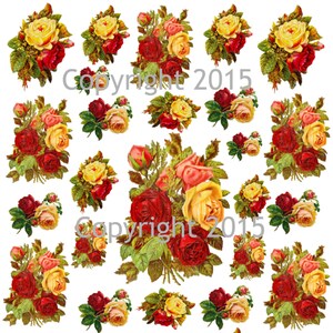 Folha de colagem de rosas vermelhas e amarelas vitorianas 8,5 x 11 folha impressa, casamentos, decoupage, arte alterada, álbum de recortes, colagem de flores