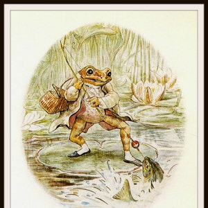 Könnte beinhalten: Eine Aquarellillustration eines Frosches, der eine Weste trägt und eine Angelrute hält. Der Frosch steht auf einem Seerosenblatt in einem Teich, und ein Fisch springt aus dem Wasser. Der Frosch hat einen Korb auf dem Rücken.