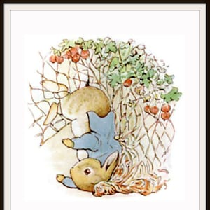 Printed Vintage Victorian Beatrix Potter Peter Rabbit Caught in the Wire Art Print Poster  Nursery, Shower Gift, Baby&#39;s Room