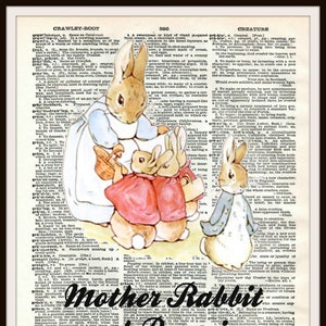 Printed Vintage Beatrix Potter Peter Rabbit Friends Art Print on Vintage Dictionary Page,  Nursery, Shower Gift, Baby&#39;s Room 8 x 10&quot;
